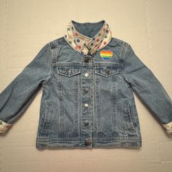 NWT Defect Last 2 Photos Oxidation  M&M’s Candy  Blue Denim Jacket  Button Sequin Embroidered  Rainbow Cloud Heart Toddler Girls  Size 4T