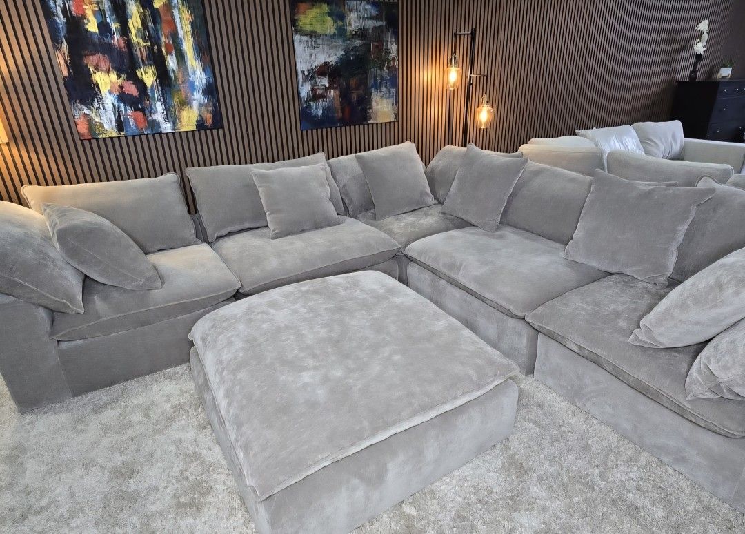 Modern Sereen 6-piece Fabric Modular Sectional, Taupe with Ottoman