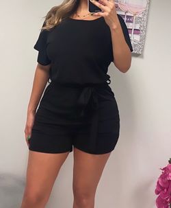 Black Short Sleeve Romper with Tie Waist