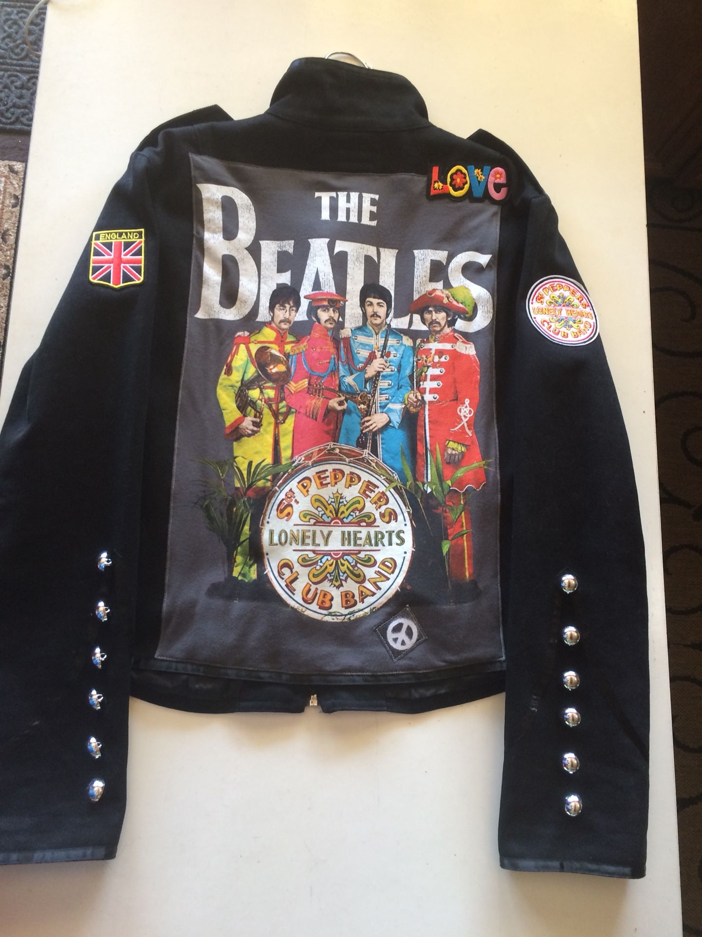 Custom military style jacket, men’s size small, Sergeant Pepper Lonely Hearts Club Band, The Beatles, All You Need is Love!