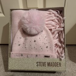 Blush, Light Pink, Steve Madden Scarf/Wrap and Winter Hat Set with bling and jewels. Cozy. Classy.