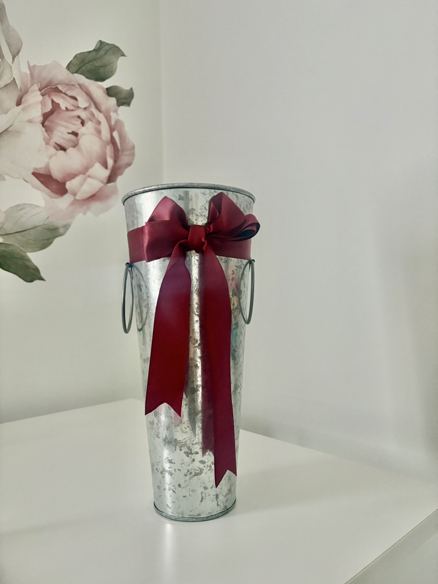 Galvanized Tall Metal Vase - Rustic Flower Vase Features Bucket Style Design With Handles