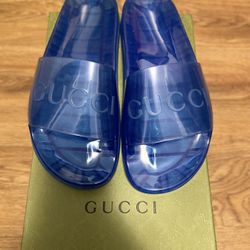GUCCI Men's Slide Sandals - Gucci Logo, Transparent Blue Rubber