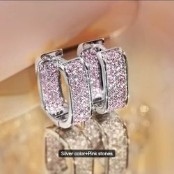 European American Micro Paved Zircon Stud Earrings Silver Pink Stones Trendy Women Fashion