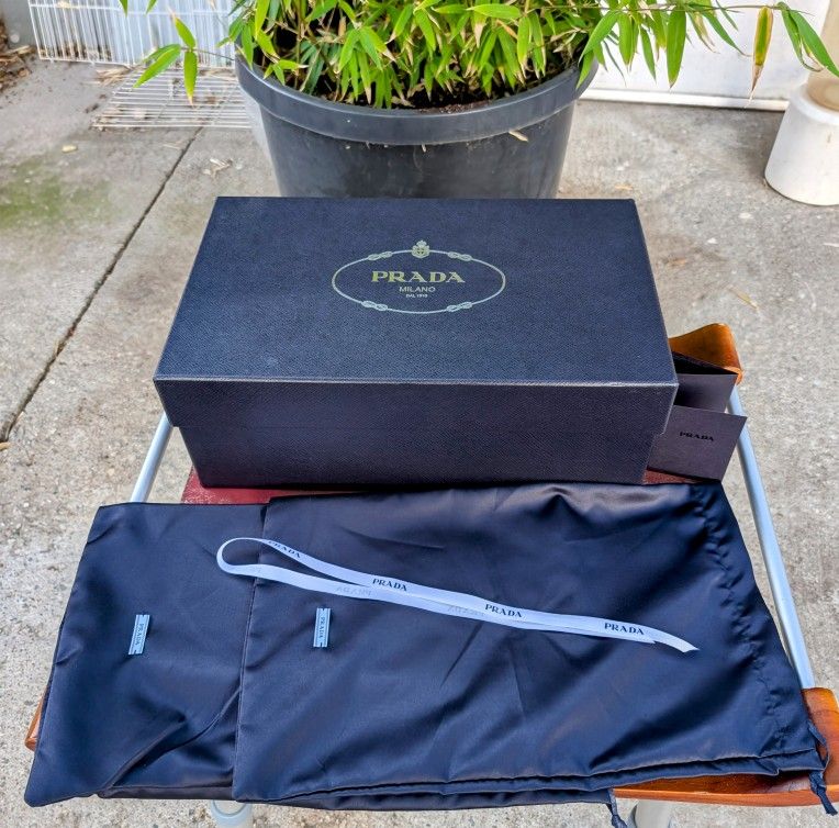 PRADA Milano - (Empty) Blue Gift/Storage Box - 13.5" x 8" x 5" + 2 Silky Prada Milano Matching Dust Bags (13" x 8.5")