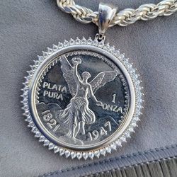 Pure Silver 1947 Centenario With 925 Silver Bezel And Silver 26 Inch Rope Chain