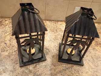Pair Metal Palm Tree Lanterns Votive Holders