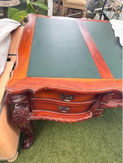 Vintage Carved Mahogany Executive Desk (Green Leather Top)