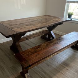Custom Handmade Wooden Dining Table W/Bench