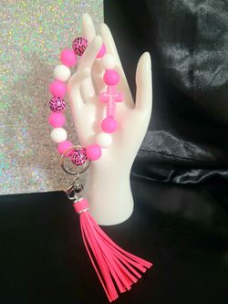 Pink Silicone Bead Keychain Wristlet with Cross