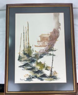Signed Jacob Krapowicz Watercolor Painting – Vintage Coastal Stilt House, 1969 Gallery Piece