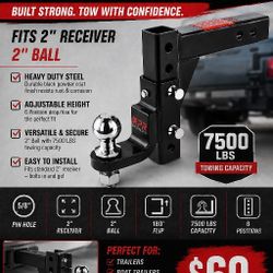 Adjustable Trailer Hitch Ball Mount - Fits 2-Inch Receiver, 2" Tow Ball