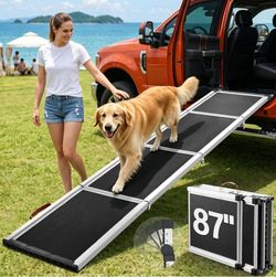 New 87" Extra Long Dog Ramp for Pickup Truck, 17" Wide Aluminum Alloy Foldable Pet Car Ramp for Large Dogs 200 lbs, Upgraded 90 Ratchet-Adjustable Hea