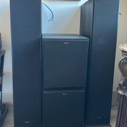 Klipsch Speakers (2) and (2)  Sub Woofers  DENON  Receiver DRA-800H