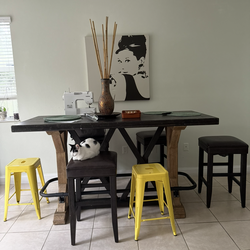 Two toned bar style table + 4 brown stools