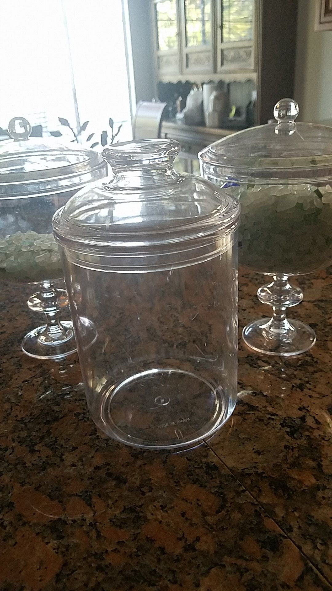 3 plastic candy dish with lids8" tall