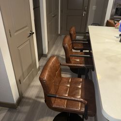 Set of 3 Modern Faux Leather Swivel Bar Stools – Brown/Cognac