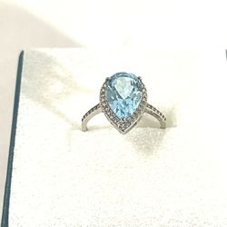 Brand New .925 Silver Ring With Pear Shape Aquamarine & Cz Diamonds. Size 7.