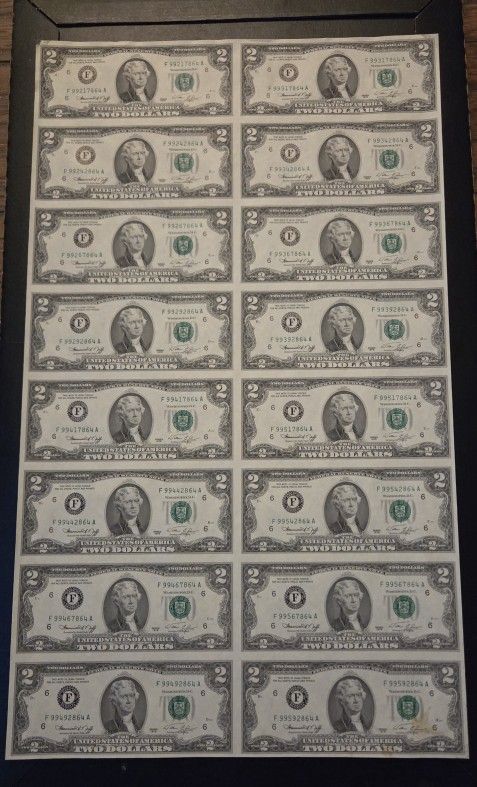 Uncut Sheet $2 Bills