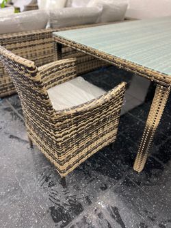 Outdoor Rattan Dining Set with Glass Table 9pcs set