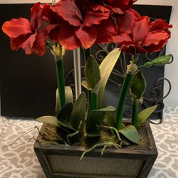 10.5” X 19” Nearly Natural Faux Potted ‘Red Amaryllis’ In A Wooden Planter With Metal Handles On Each Side