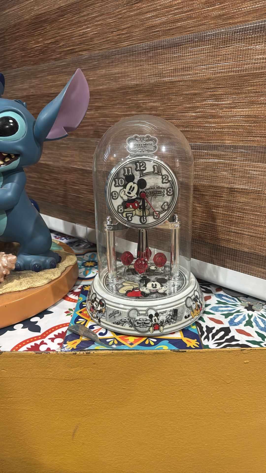 Disney Mickey Anniversary Glass Dome Porcelain Pendulum Clock