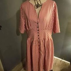 Retro High Waist Red Plaid Single V-Neck Half Sleeve Vintage Gingham Print Dresses