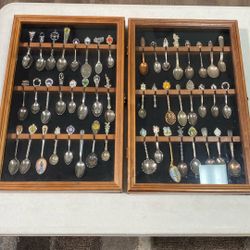Spoon Collection In A Wooden Display Case