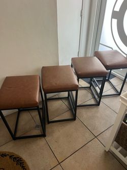 Set of 4 Brown Leather Bar Stools