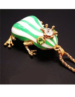 Rhinestone Crown Green Glitter Frog Necklace