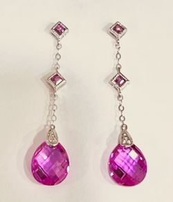 ✨Stunning Pink Sapphire ‼️$175 FIRM‼️Teardrop Dangle Drop Earrings White Gold Cushion Cut NIB