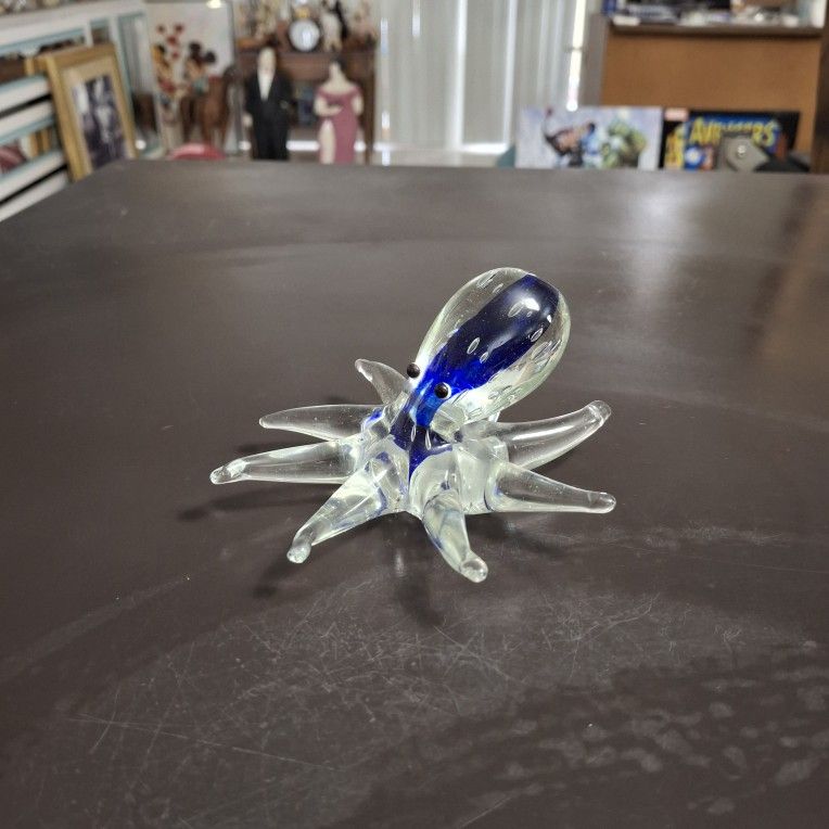 Vintage Murano Style Hand Blown Octopus Paperweight In Cobalt Blue & Clear 2.25"Hx4.5"W