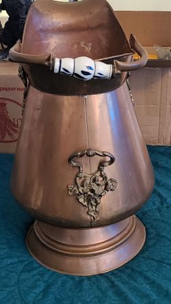 Vintage Copper Coal Scuttle Bucket Lion Head Brass Mounts Delft Ceramic Handle