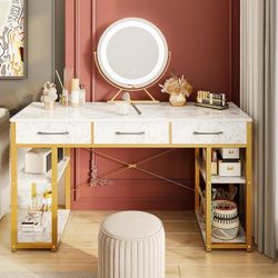 Vanity Desk with 3 Fabric Drawers & Storage Shelves, Makeup Dressing Table, Home Office Desks for Bedroom, Small Modern Writing Desk for Gir
