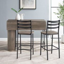 3 Piece Drop Leaf Counter Table Dining Set with Storage, 48", Grey Wash(New  In A Box)