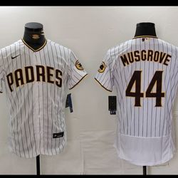 Size Small, Medium, Large, And XL.       Nike San Diego Padres Musgrove 44 MLB Baseball Jersey White Brown Pinstripe