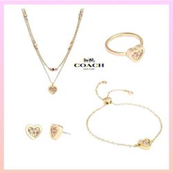 COACH GOLD JEWELRY SET: NECKLACE, BRACELET, RING, & EARRINGS