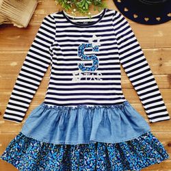 SIZE 7-8 GIRLS NAVY & WHITE STRIPES/FLORAL RUFFLE LONG-SLEEVE DRESS