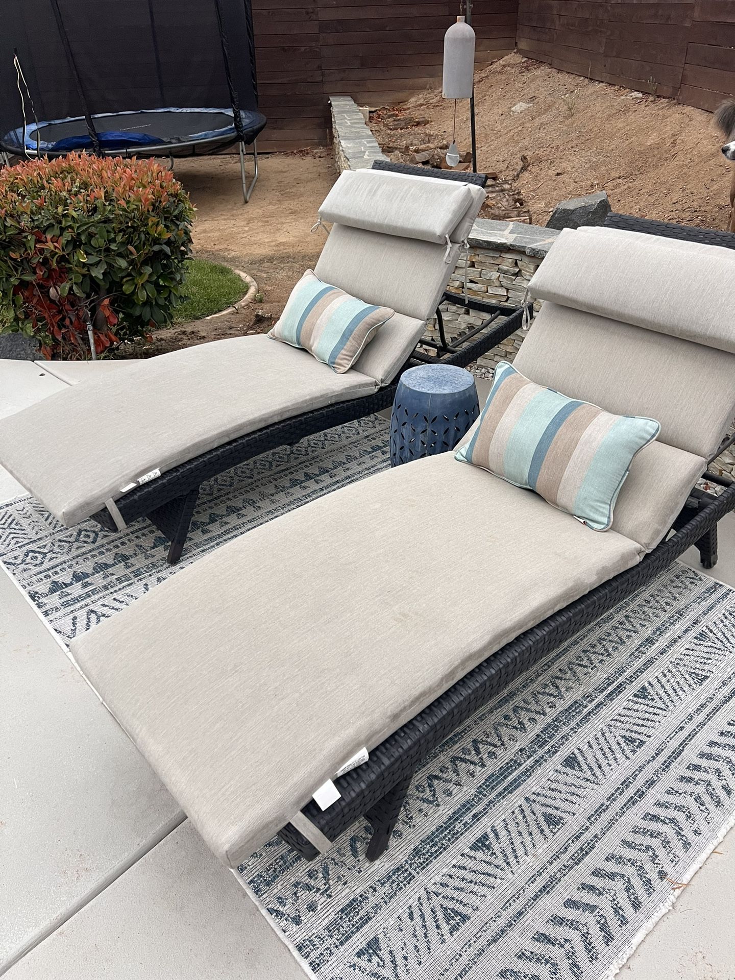 Woven Chaise Lounge Chairs with Wheels, Sunbrella Cushions and pillows