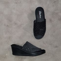 Skechers (Size 8) Black Bling Memory Foam Comfort Wedge Slides VGUC Price Is Firm Cash Only 