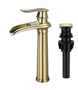 AKLFGN Single Handle Single Hole Bathroom Vessel Sink Faucet, Waterfall Bathroom Sink Faucet with Pop-Up Drain in Brushed Gold