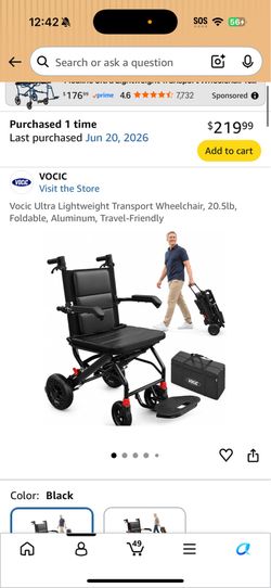 Vocic Ultra Lightweight Transport Wheelchair, 20.5lb, Foldable, Aluminum, Travel-Friendly