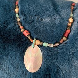 Beautiful Shell, Turquoise, And Wood Necklace