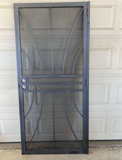 36 in x 80 in Sun style grey surface mount  out swing steel security door with expanded metal screen comes with all the hardware
