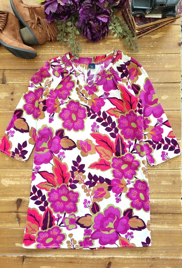 SIZE 12 GIRLS THREE-QUARTER SLEEVES RETRO PURPLE FLORAL CORDUROY TUNIC DRESS