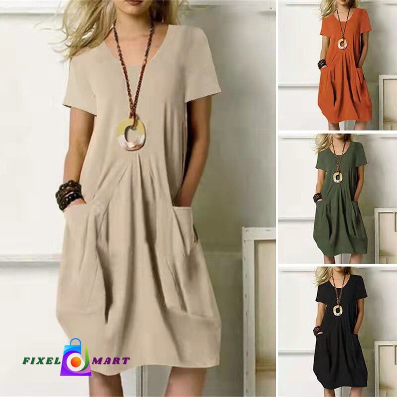 Women's Dress With Pockets Cotton Linen Solid Color Loose Round Neck Short Sleeve Dress Summer


