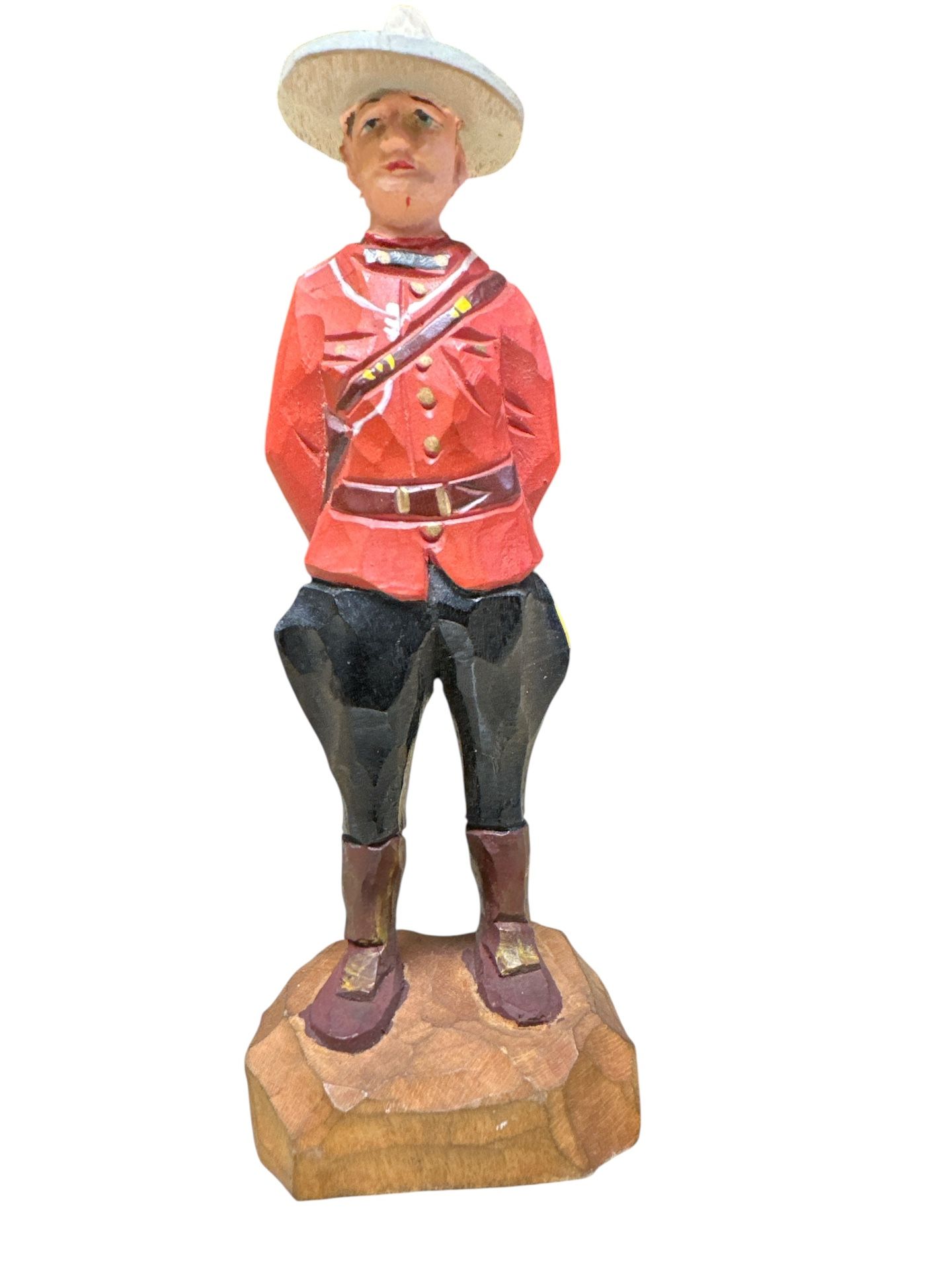 Toy soldier 1939 5”vintage folk art wooden figurine of a Canadian Mountie, or Royal Canadian Mounted Police (RCMP) officer. These types of carvings ar