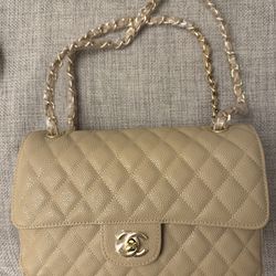 CC Caviar Quilted Medium Double Flap Beige