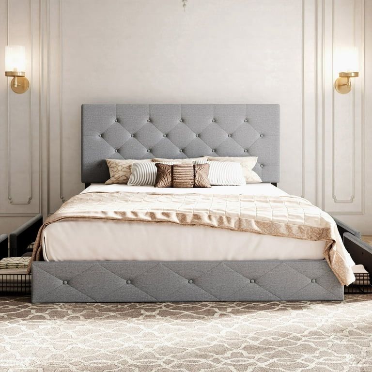 Queen Size Upholstered Platform Bed Frame with 4 Drawers Storage and Diamond Stitched Button Tufted Headboard, Light Grey