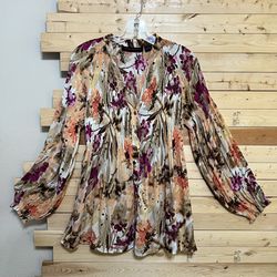 Hayley Matthews Multi Color Floral Print Long Sleeve Pleated Tunic Blouse size M